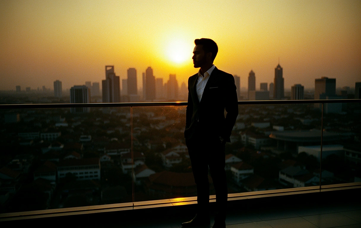 Modern Indonesian man overlooking the Jakarta skyline